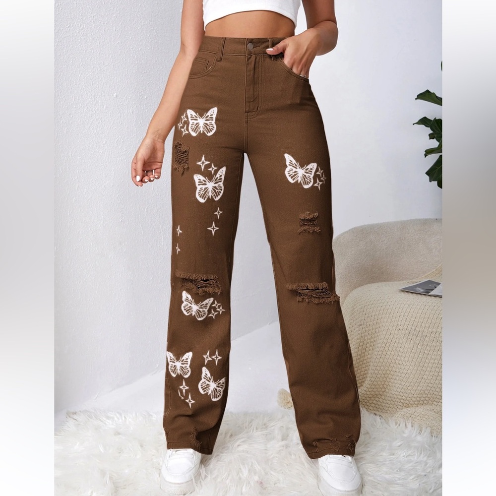 Brown Ripped Butterfly Jeans